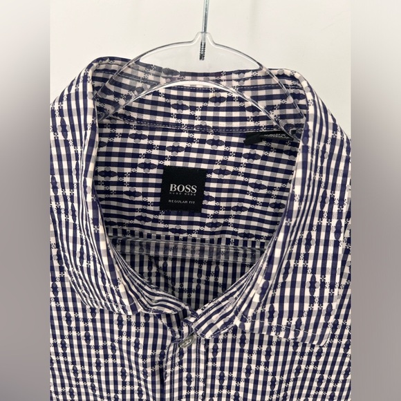 Hugo Boss Mens Lucas Long Sleeve Dress Shirt Blue Gingham Regular Fit Large - Picture 2 of 13